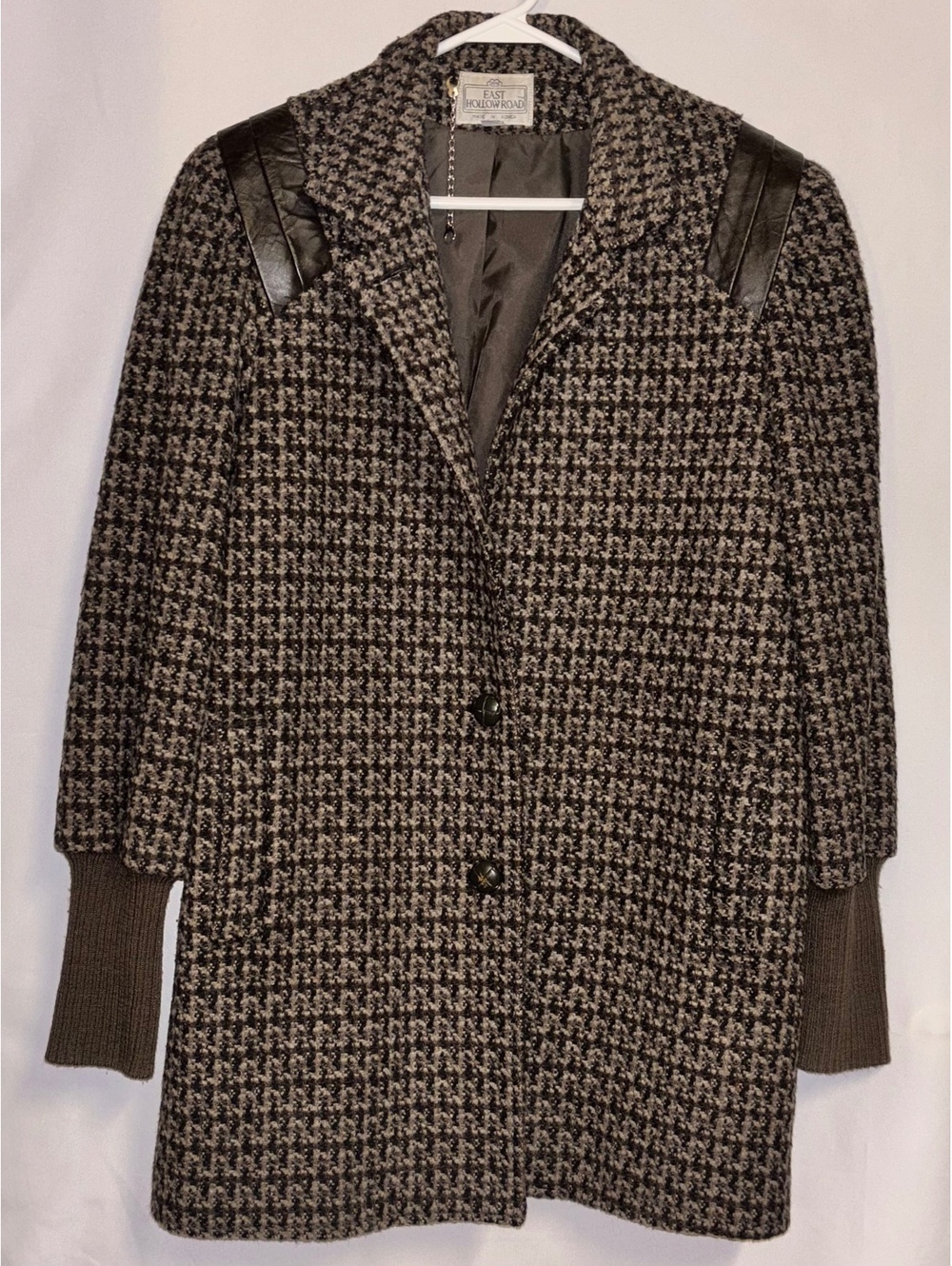 Vtg 80s East Hollow Road Wool Tweed Houndstooth Coat Leather Trim Medium Large
